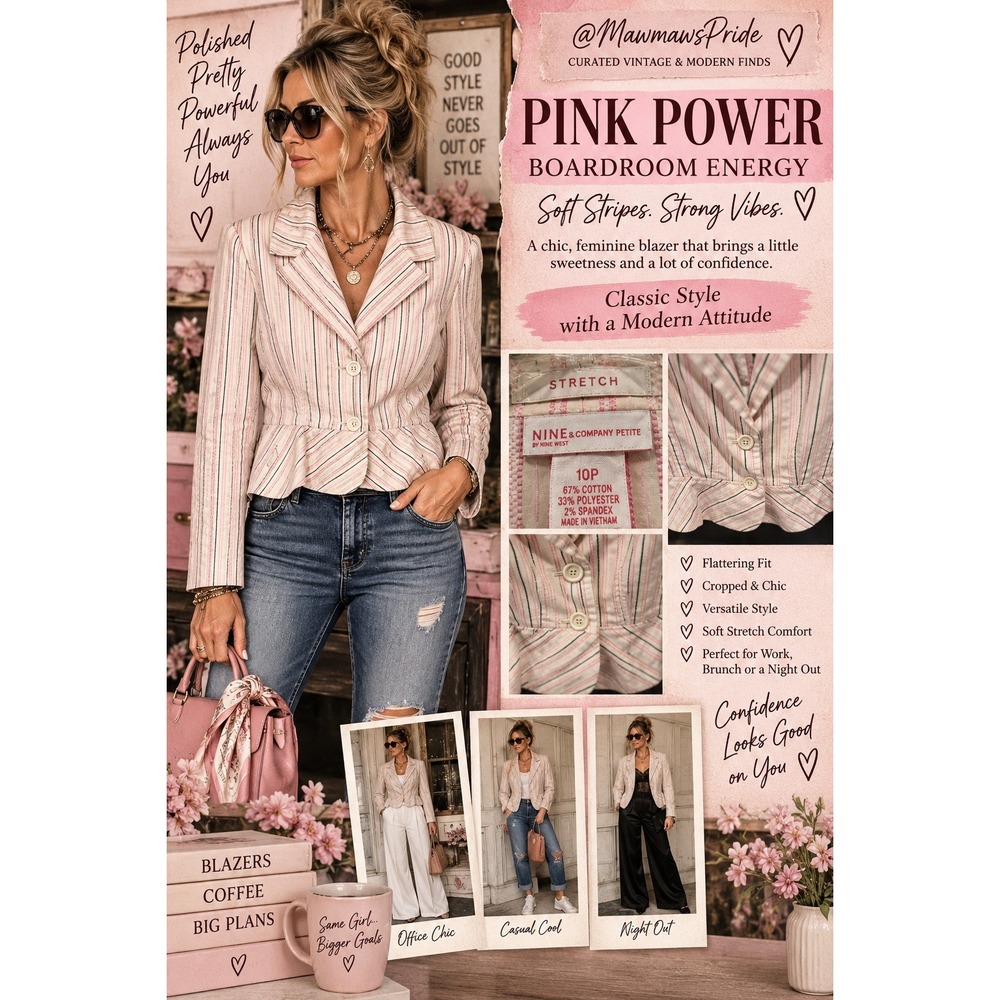 Nine & Company Nine West Petite Pink Striped Cropped Blazer Jacket office 10P